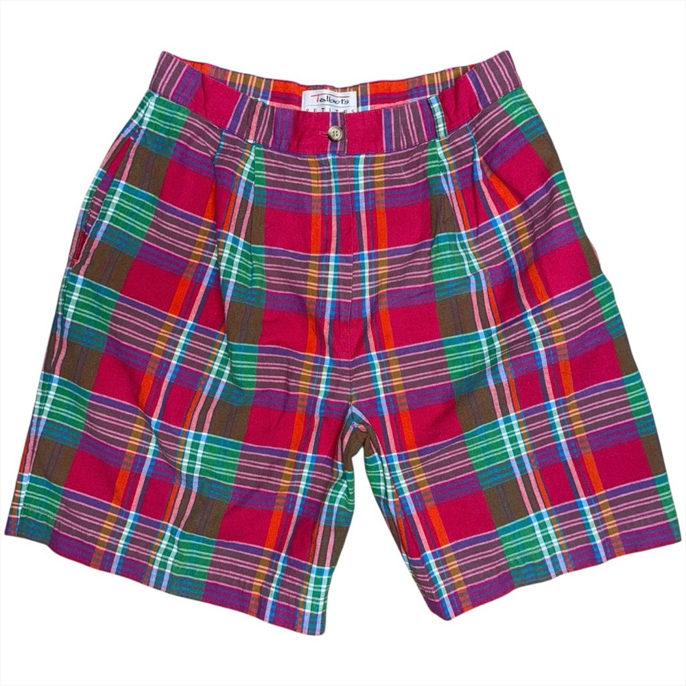 VTG Talbots Plaid Shorts 80s 90s High Waisted Madras Cotton Pleated Sz 14 w 30”